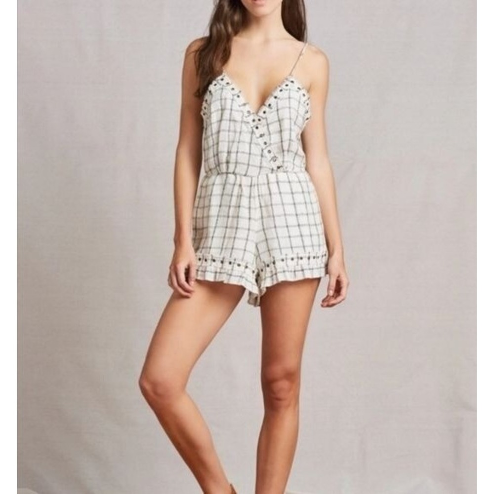 Tularosa Romper Women XS Cream Black Plaid Grommet Ruffle Cotton Linen Blend